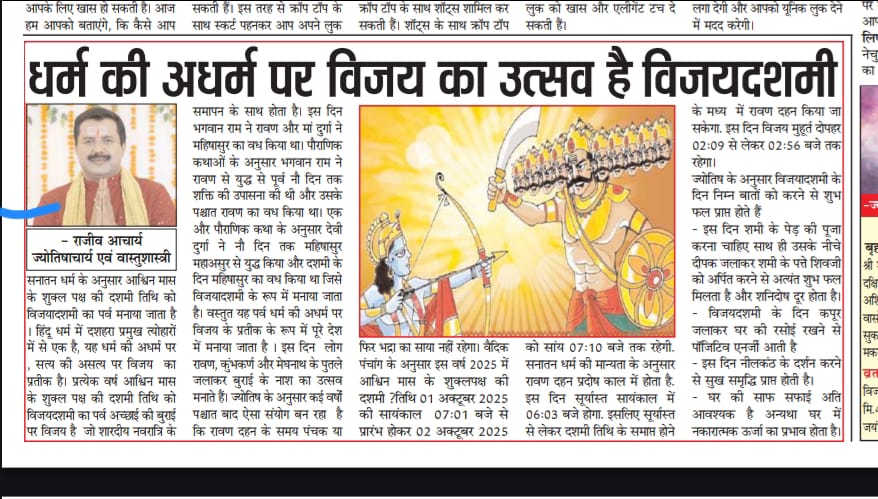 Rajeev Aacharya’s article on Vijayadashami festival in Swatantra Bharat – celebration of victory of dharma over adharma