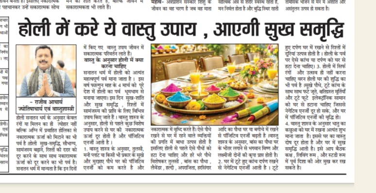 "होली पर वास्तु उपायों के बारे में राजीव आचार्य का लेख – स्वतंत्र भारत समाचारपत्र"